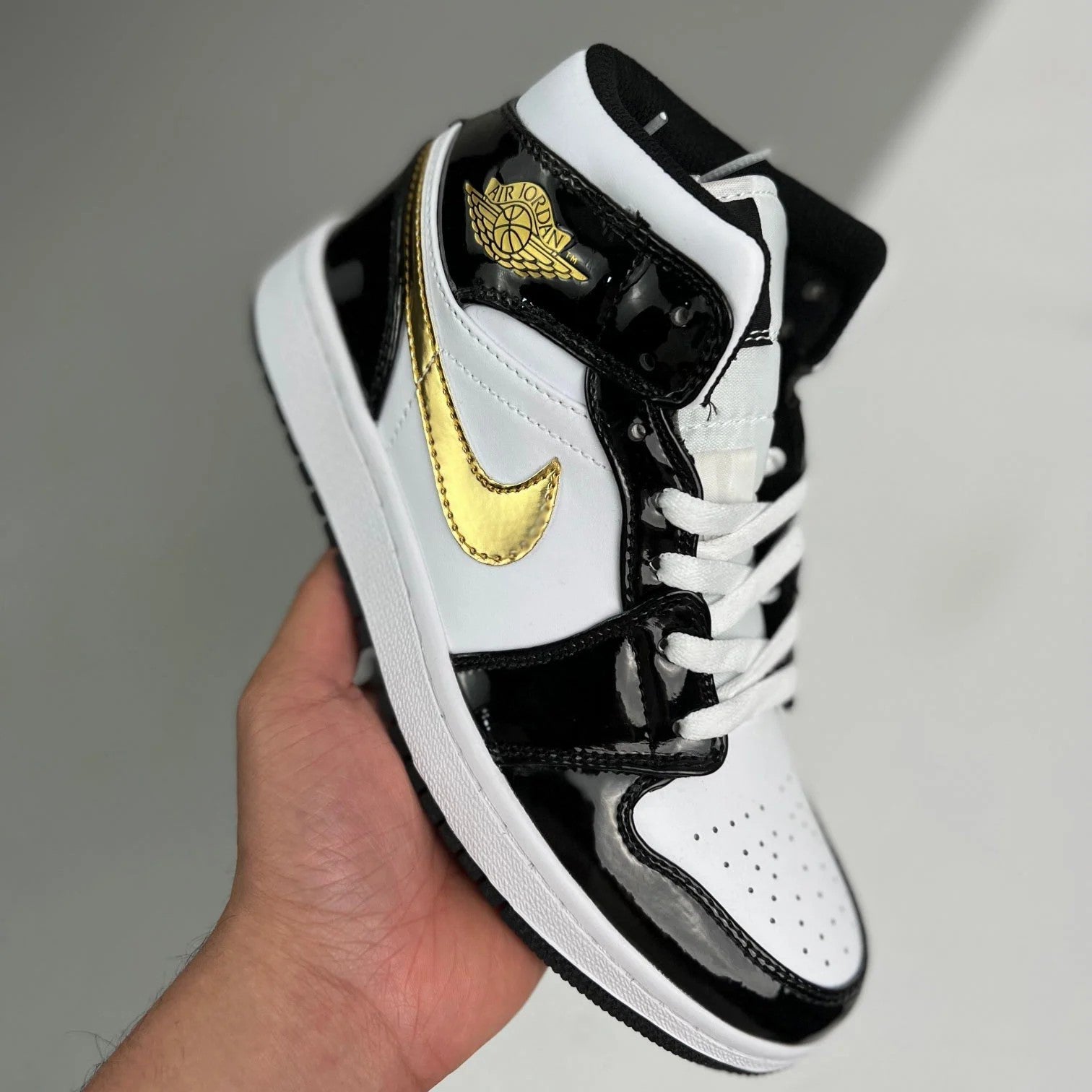 Nike Air Jordan 1 Mid Patent Black White Gold Sneakers Shoes