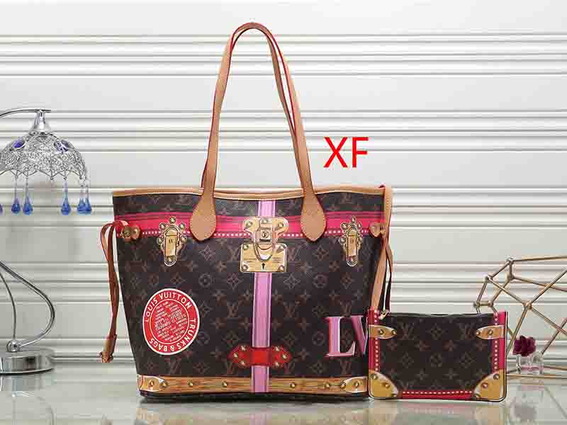 Louis Vuitton LV Women Leather Handbag Satchel Shoulder Bag Clutch Bag Set Two Piece