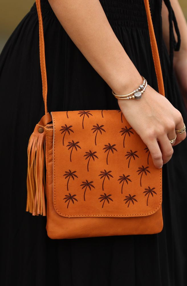 Handmade leather crossbody phone bag palm tree design