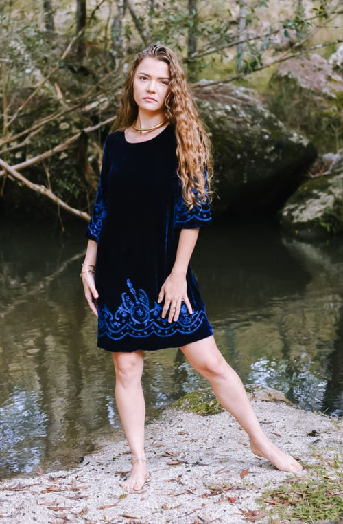 Florence Velvet Embroidered Tunic Navy