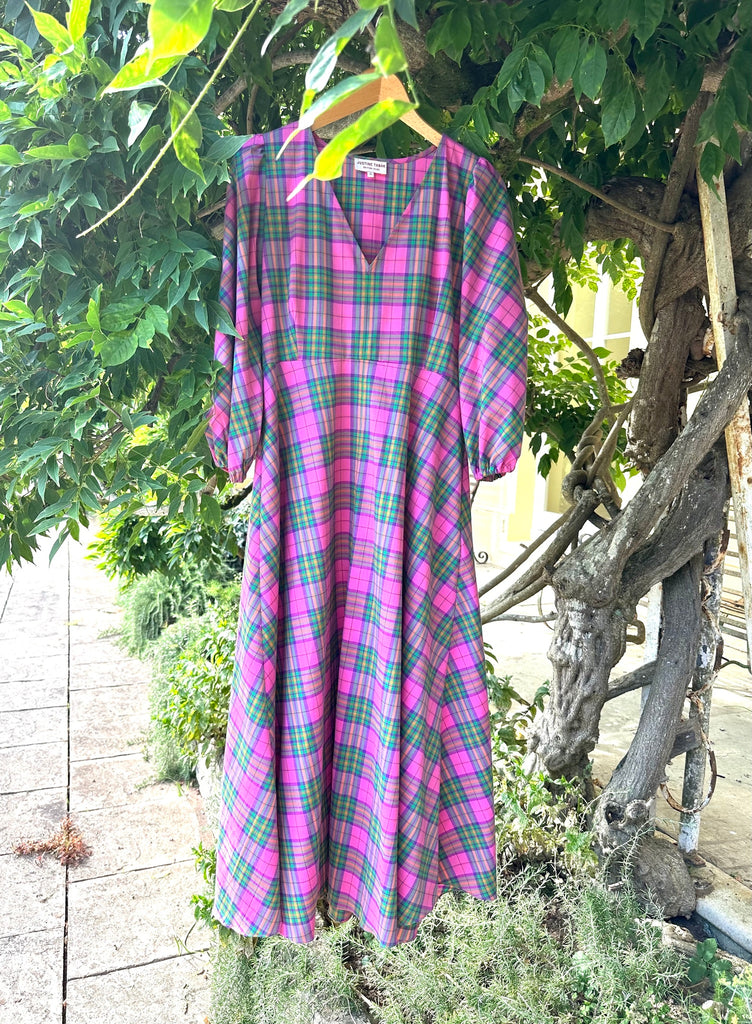 pink and green tartan sustainable maxi dress