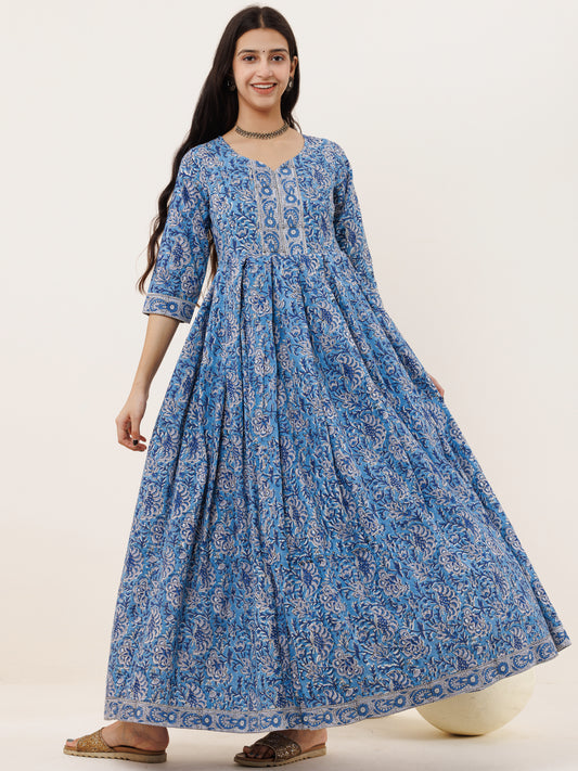 Buy ANWEARO Women Rayon Discharge Printed Long Flared Dress/Gowns (Medium,  Blue) at Amazon.in