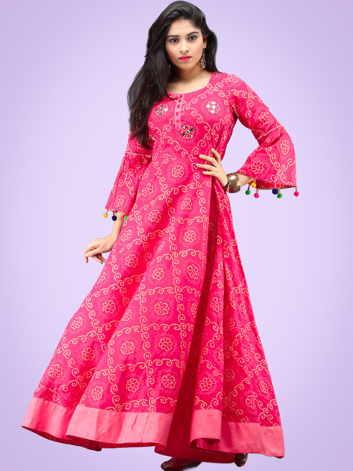 Maher Pink Bandhani Printed Urave Cut Long Dress