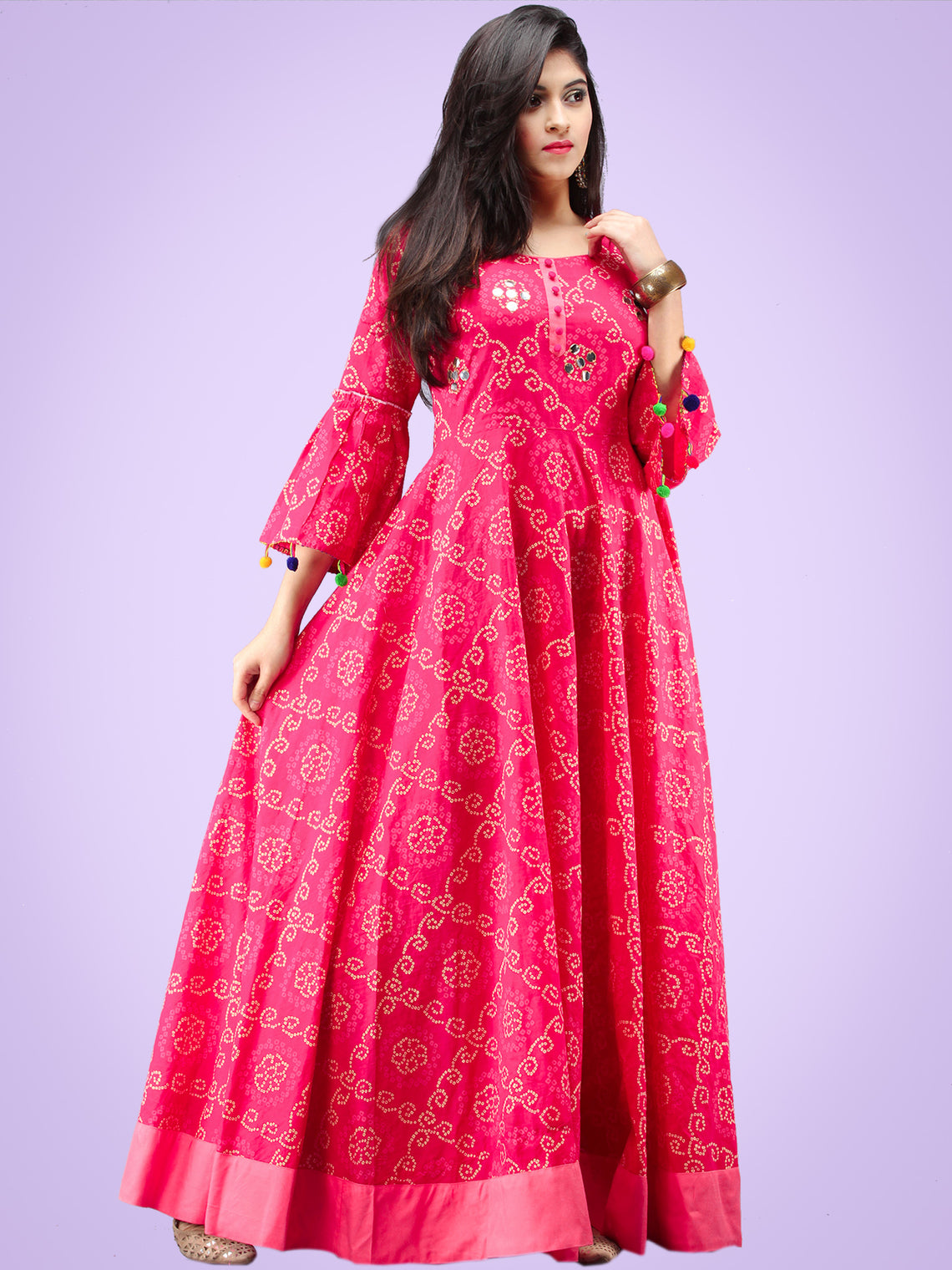 Maher Pink Bandhani Printed Urave Cut Long Dress