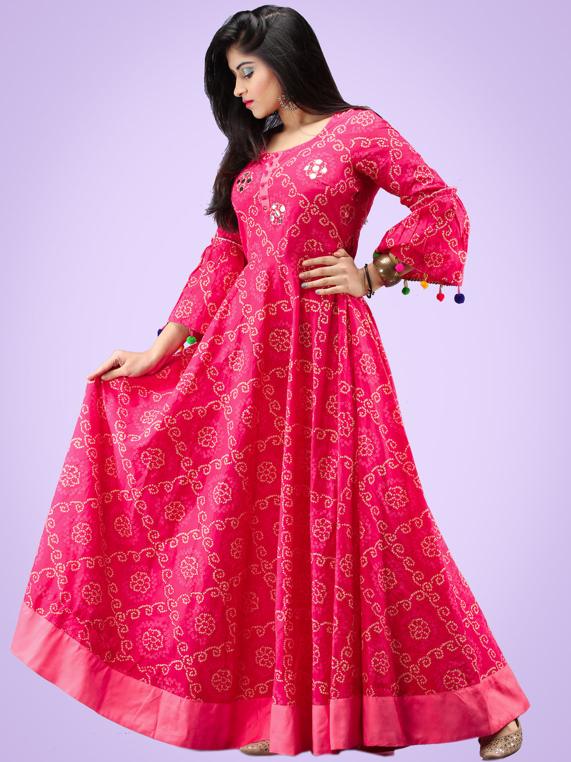 Maher Pink Bandhani Printed Urave Cut Long Dress