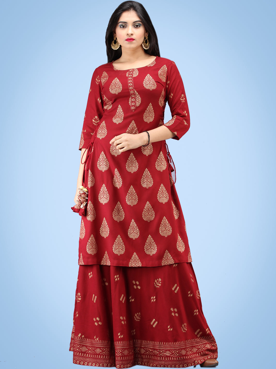Aalia - Rustic Red Gold Block Print Kurta & Skirt Dress With Tassels ...