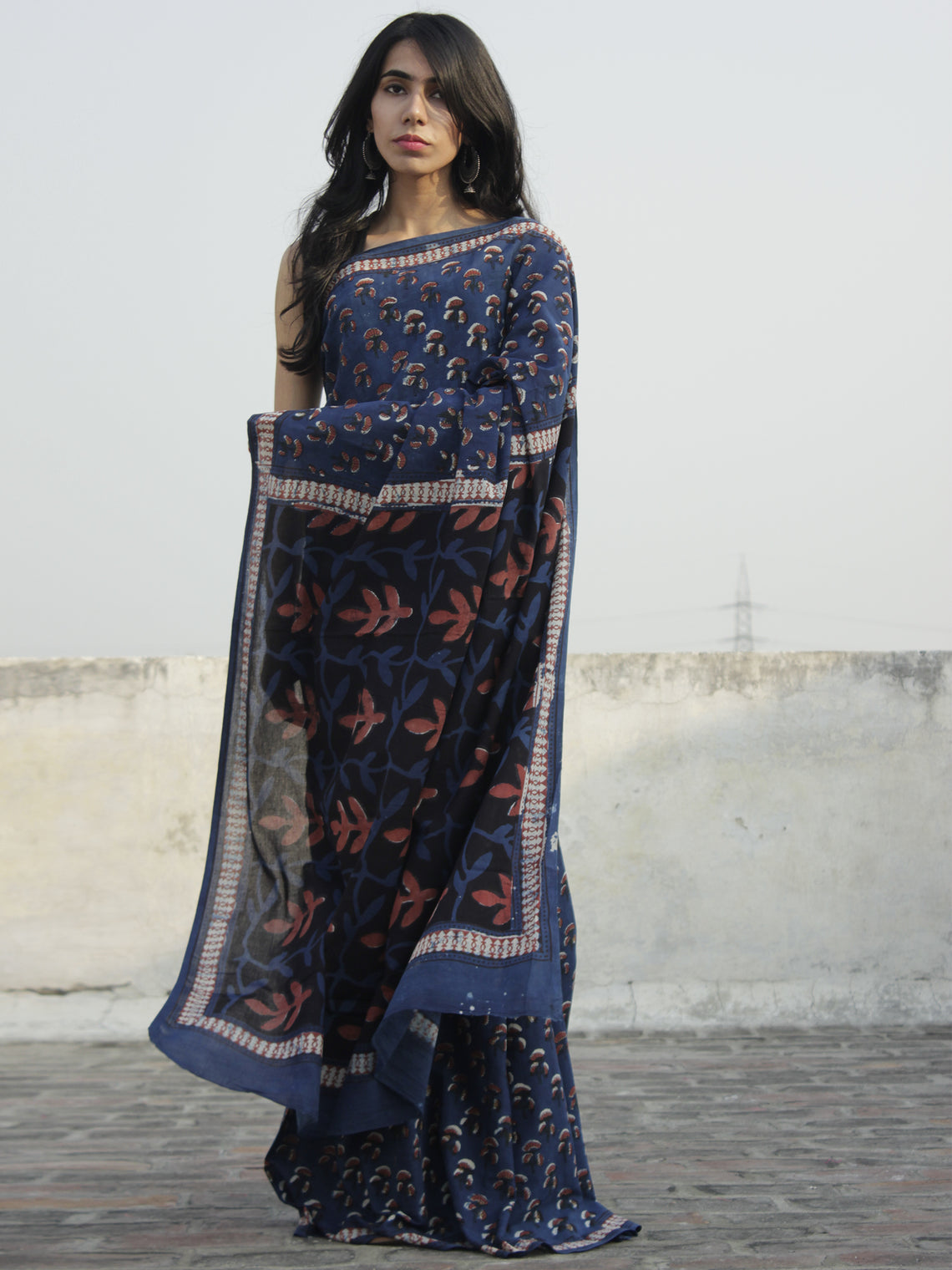 Indigo Rust Black Ivory Hand Block Printed Cotton Saree In Natural Col ...