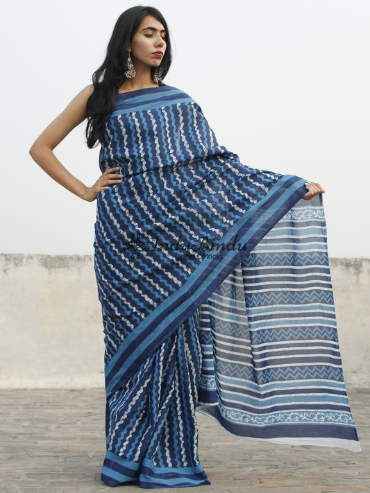 Cotton Chanderi Indigo Blue White Stripes Shibori Saree – House Of Vaarasa