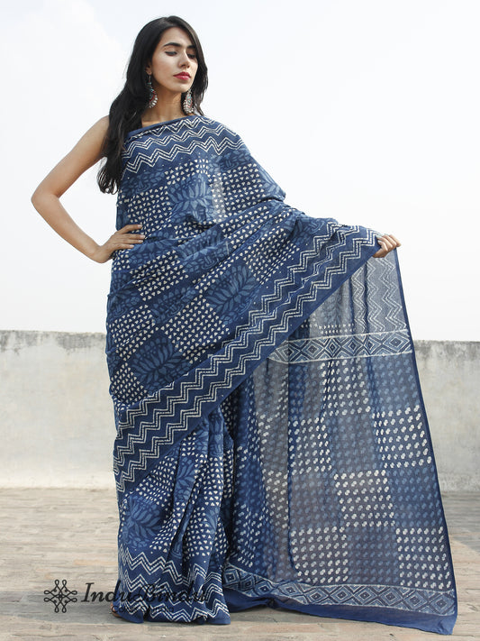 INDIGO HAND BLOCK PRINT CHANDERI COTTON SILK SAREE WITH ZARI BORDER – Neevi  by Ridhima