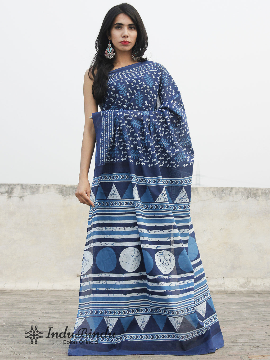 Indigo Blue White Hand Block Printed Cotton Saree In Natural Colors ...