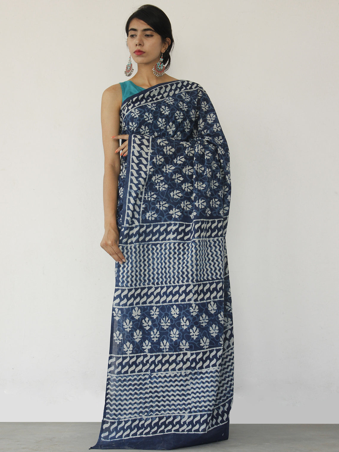 Indigo White Hand Block Printed Cotton Saree In Natural Colors - S0317 ...