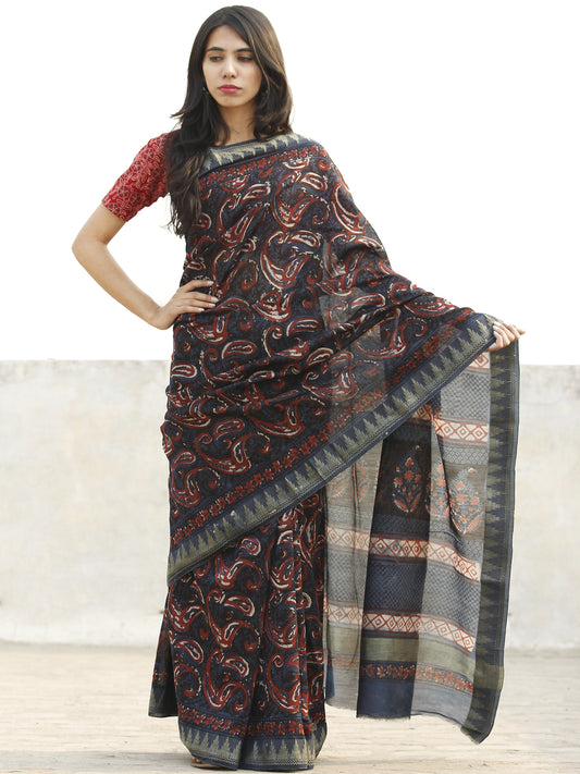 Teejh Aprajitha Indigo Block Print Linen Cotton Saree With Blouse Piec