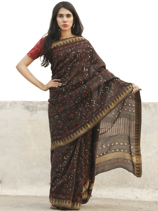 Dark Chocolate Brown Pure Satin Silk Banarasi Handloom Saree - Tilfi