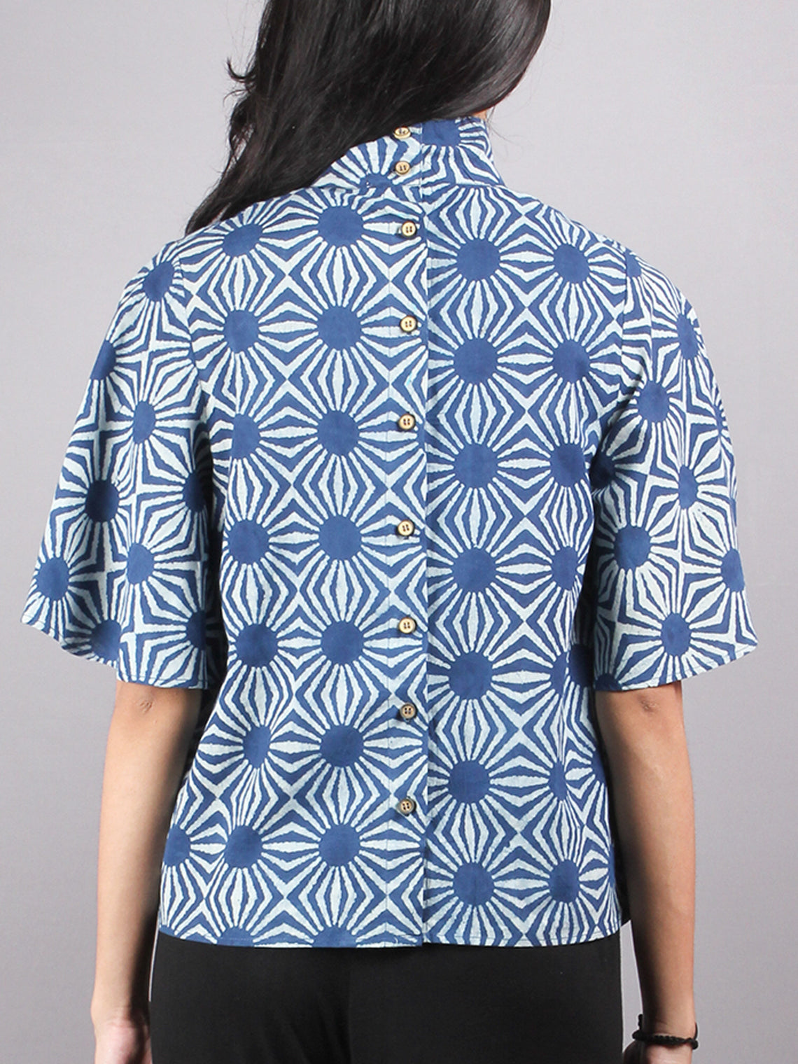 Indigo High Neck Hand Block Printed Cotton Flared Sleeves Back Buttons ...