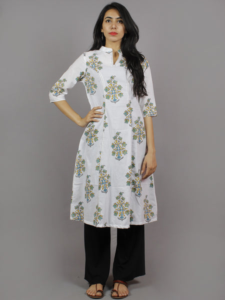 White Grey Blue Yellow Hand Block Printed Kurti With Princess Line & S ...