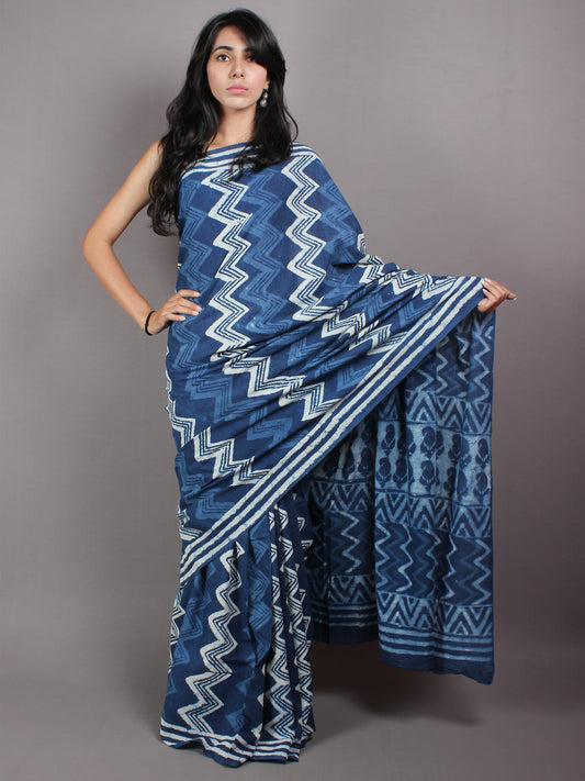 Indigo Print Cotton Mulmul Saree With Blouse