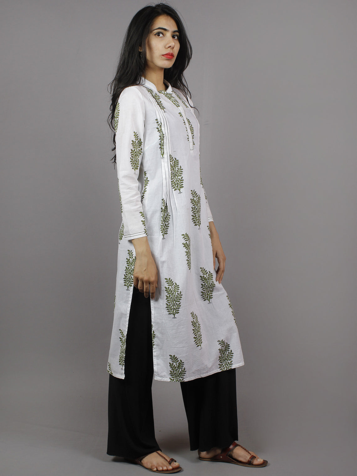 White Olive & Parrot Green Hand Block Printed Kurti With Stand Collar ...