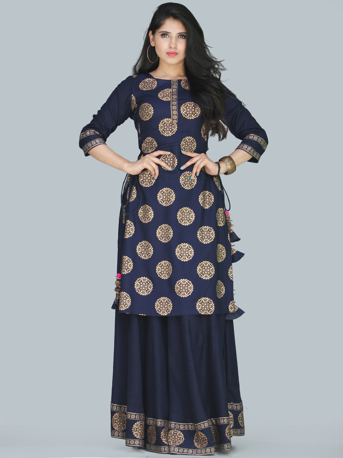 Naaz Aalia - Indigo Gold Block Print Kurta & Skirt Dress With Tassels ...
