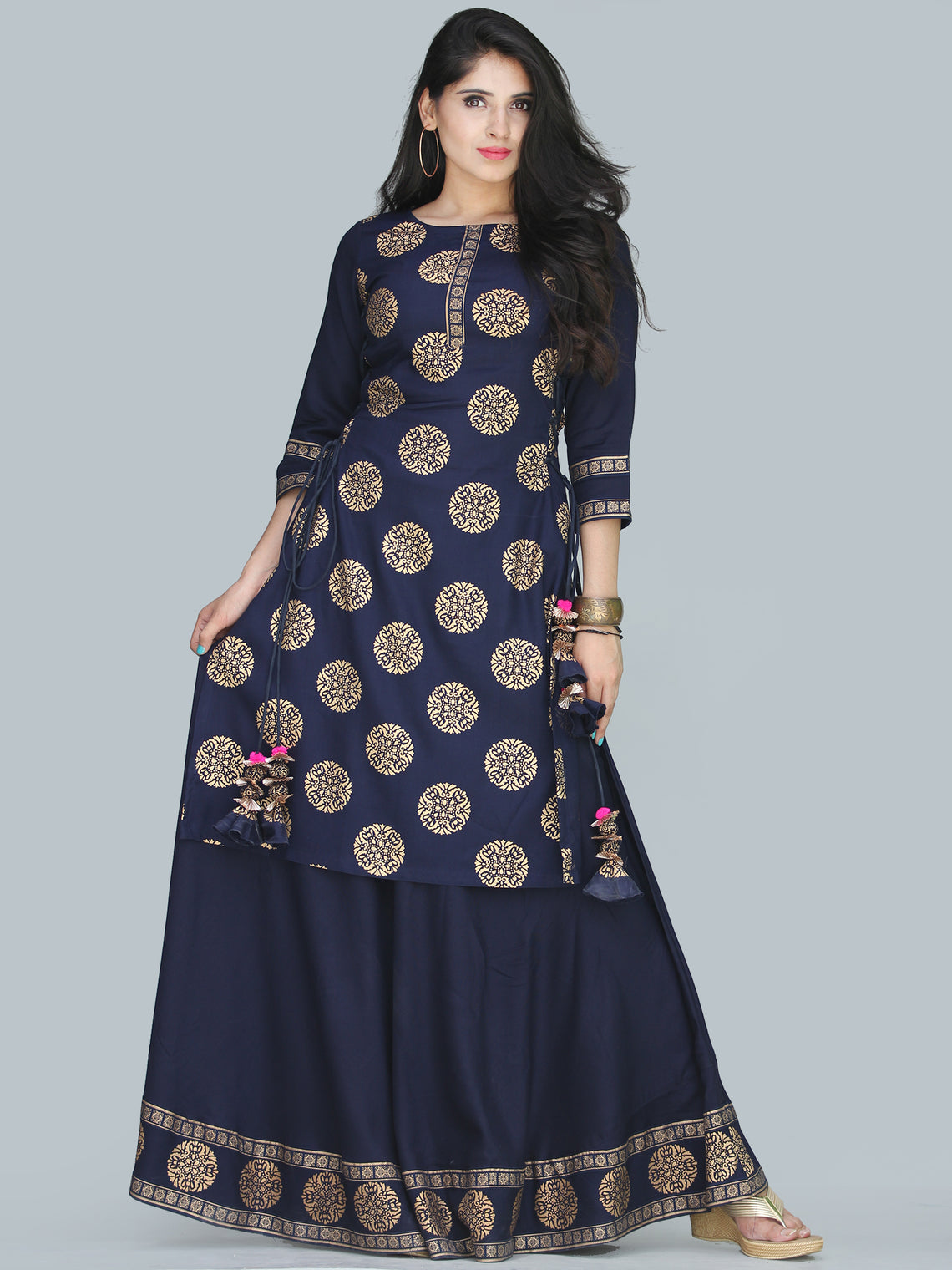 Naaz Aalia - Indigo Gold Block Print Kurta & Skirt Dress With Tassels ...