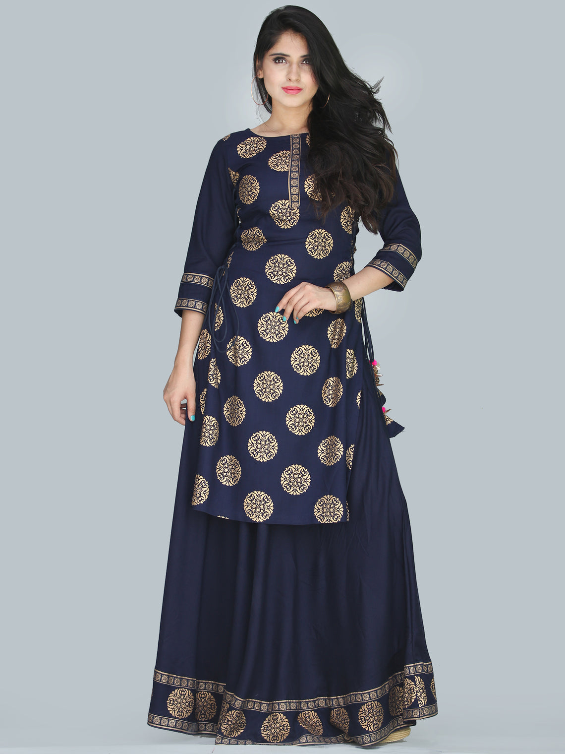 Naaz Aalia - Indigo Gold Block Print Kurta & Skirt Dress With Tassels ...