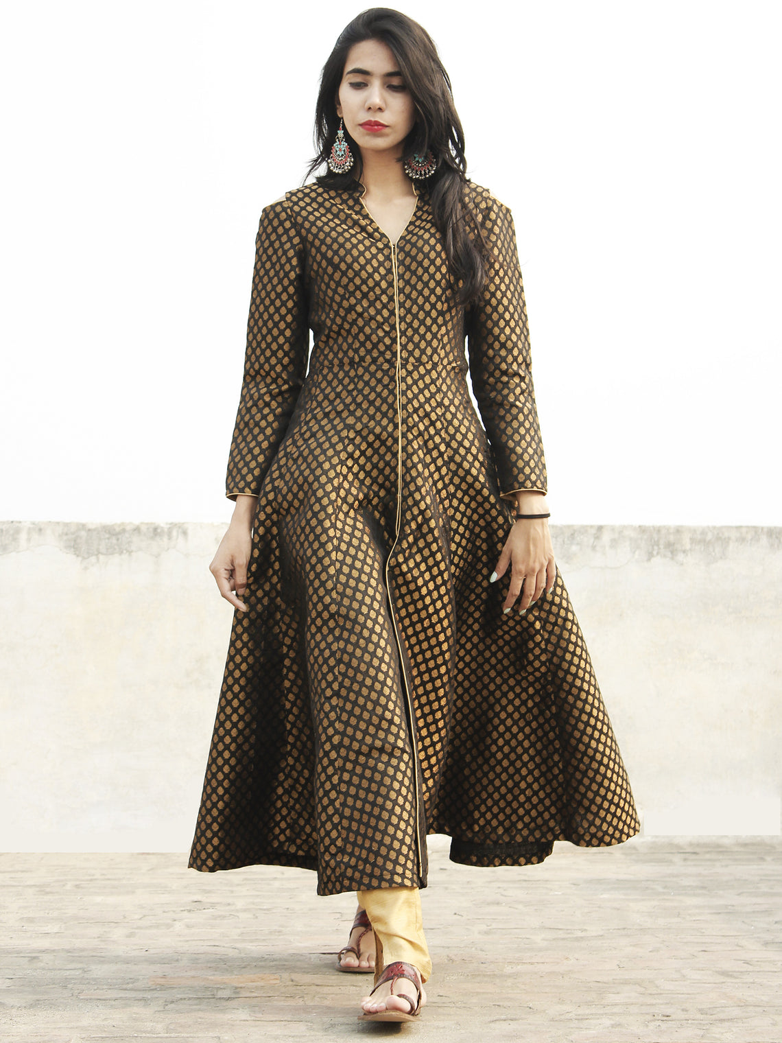 Black Golden Brocade Kurta With Front Slit And Cold Shoulder - D134F00 ...