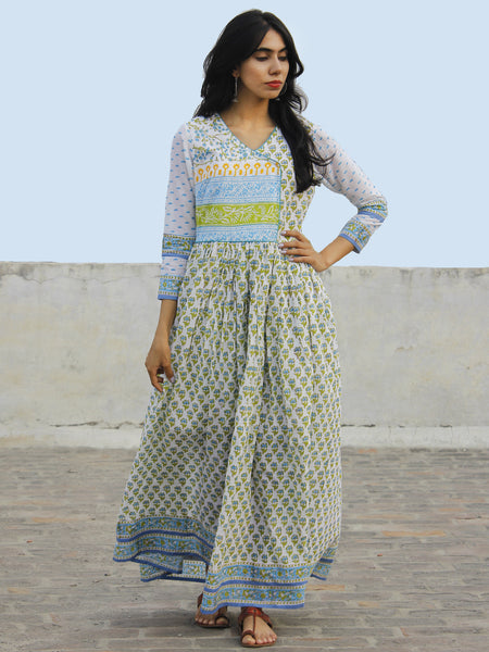 Naaz Aazina - White Green Light Blue Hand Block Printed Angrakha Dress ...