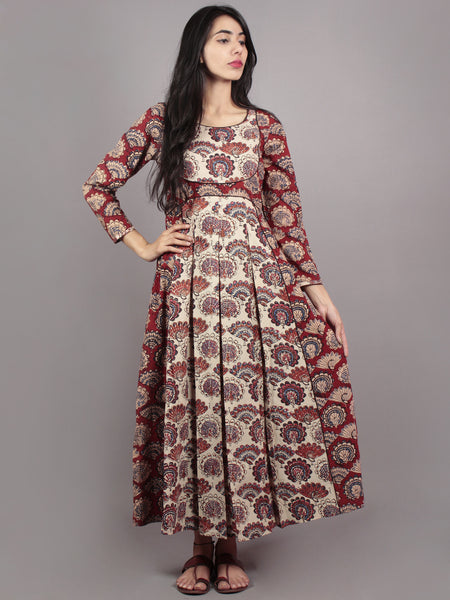 Red Beige Blue Black Hand Block Printed Cotton Dress With Box Pleats ...