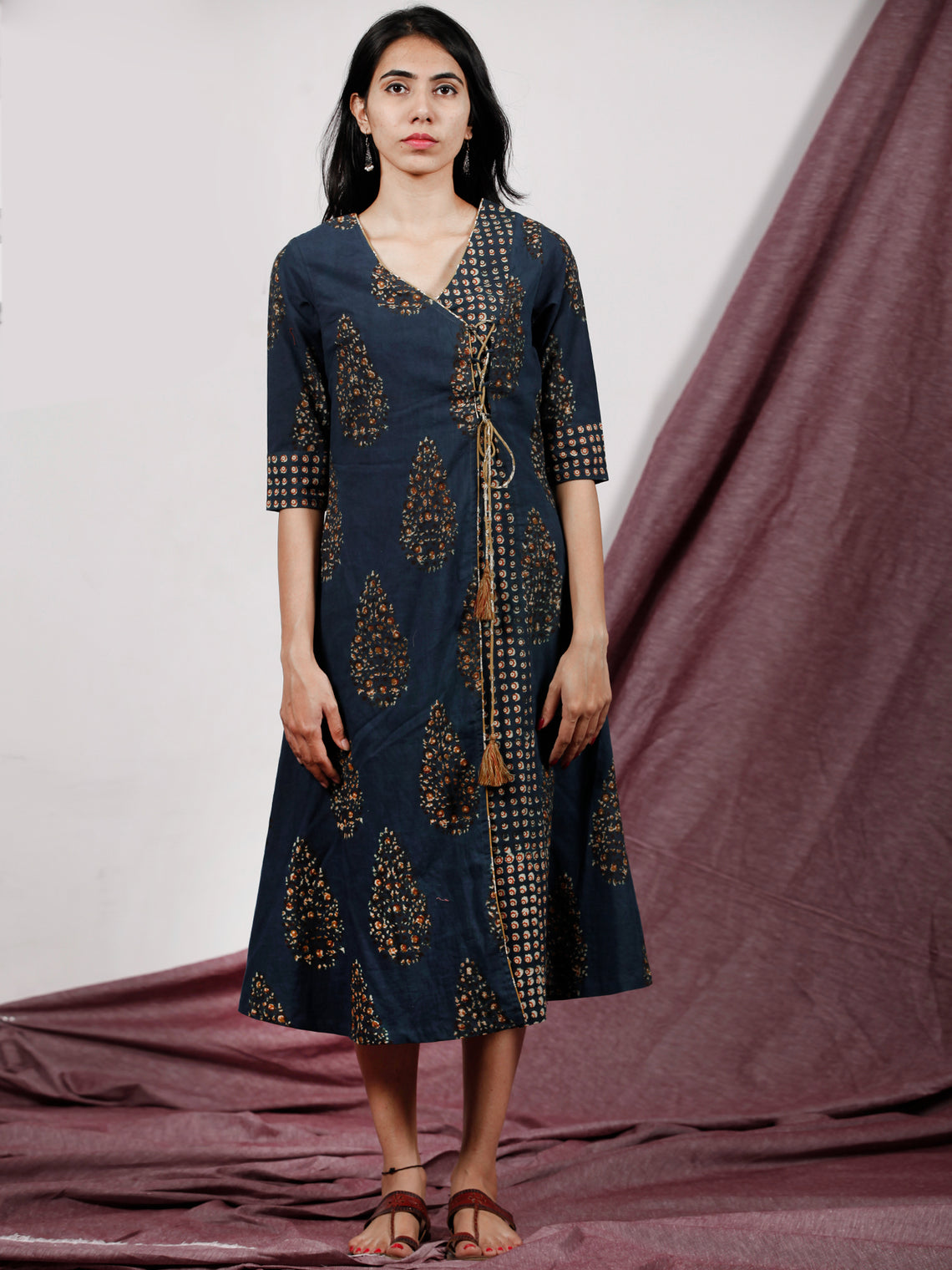 Indigo Mustard Brown Hand Block Printed Dress With Angrakha Style - D2 ...