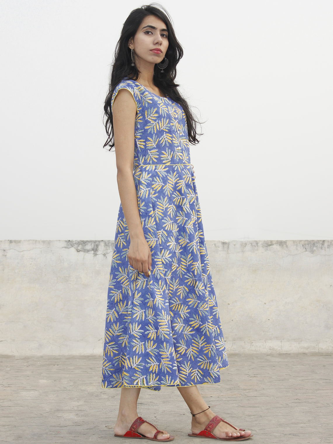 Cornflower Blue Yellow Green White Hand Block Printed Cotton Midi Dres ...