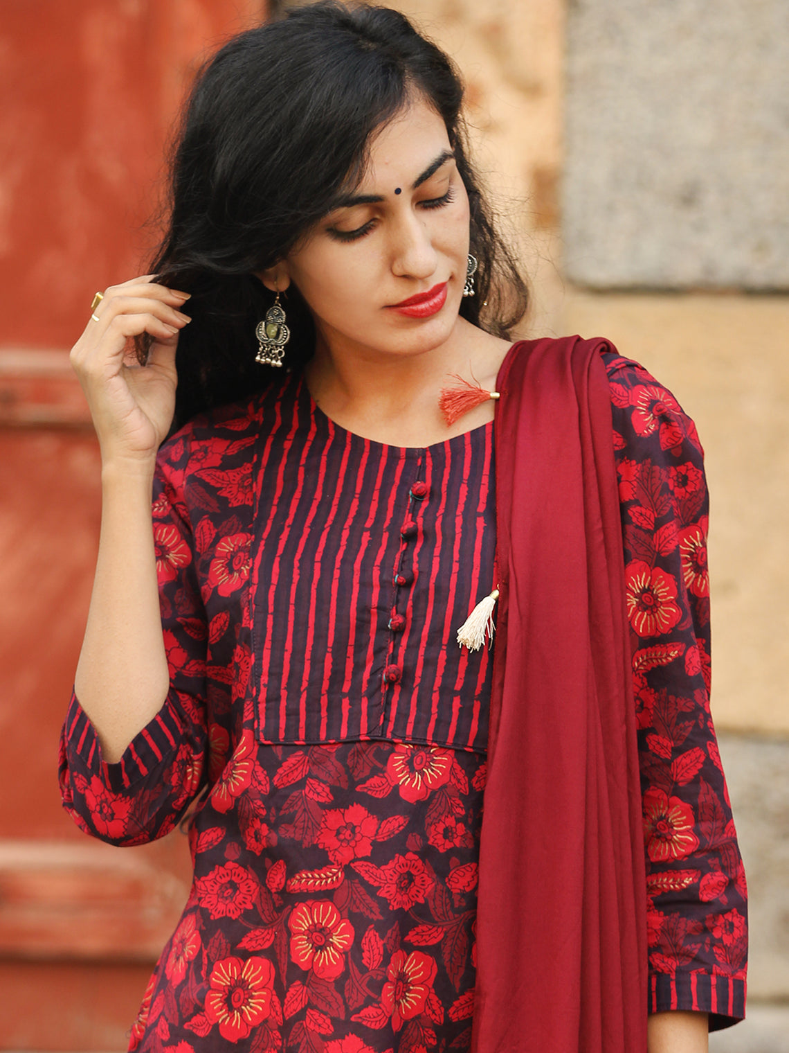 Garden Stripes - Block Printed Kurta Set With Dupatta - SS01F1938 ...