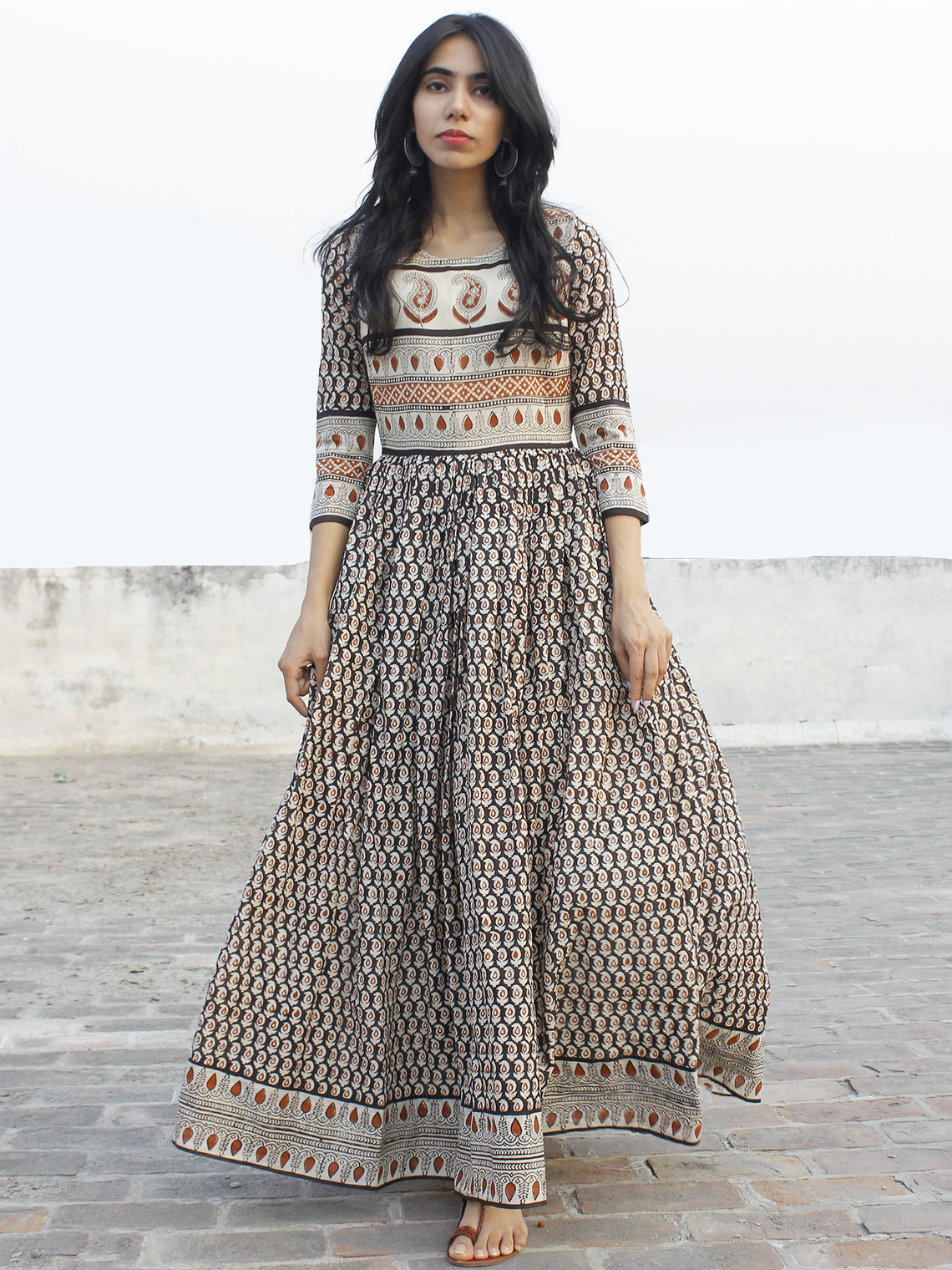 Naaz Saaj - Beige Black Maroon Hand Block Printed Dress With Gathers ...