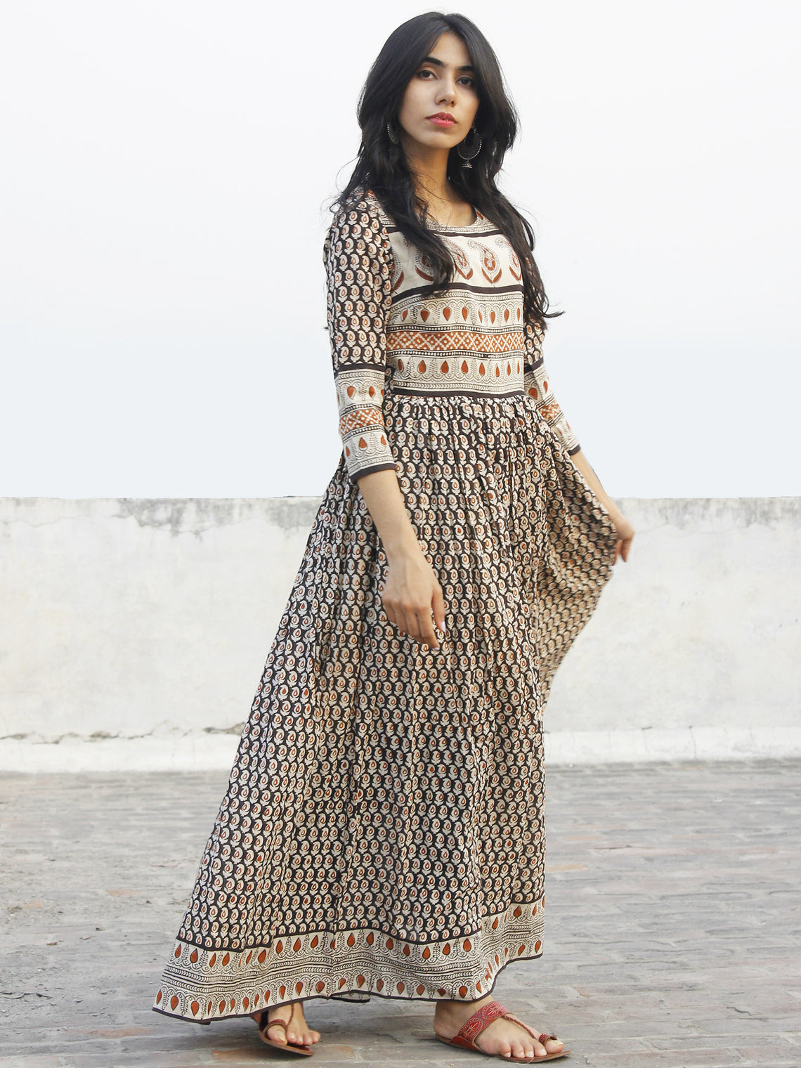 Naaz Saaj - Beige Black Maroon Hand Block Printed Dress With Gathers ...