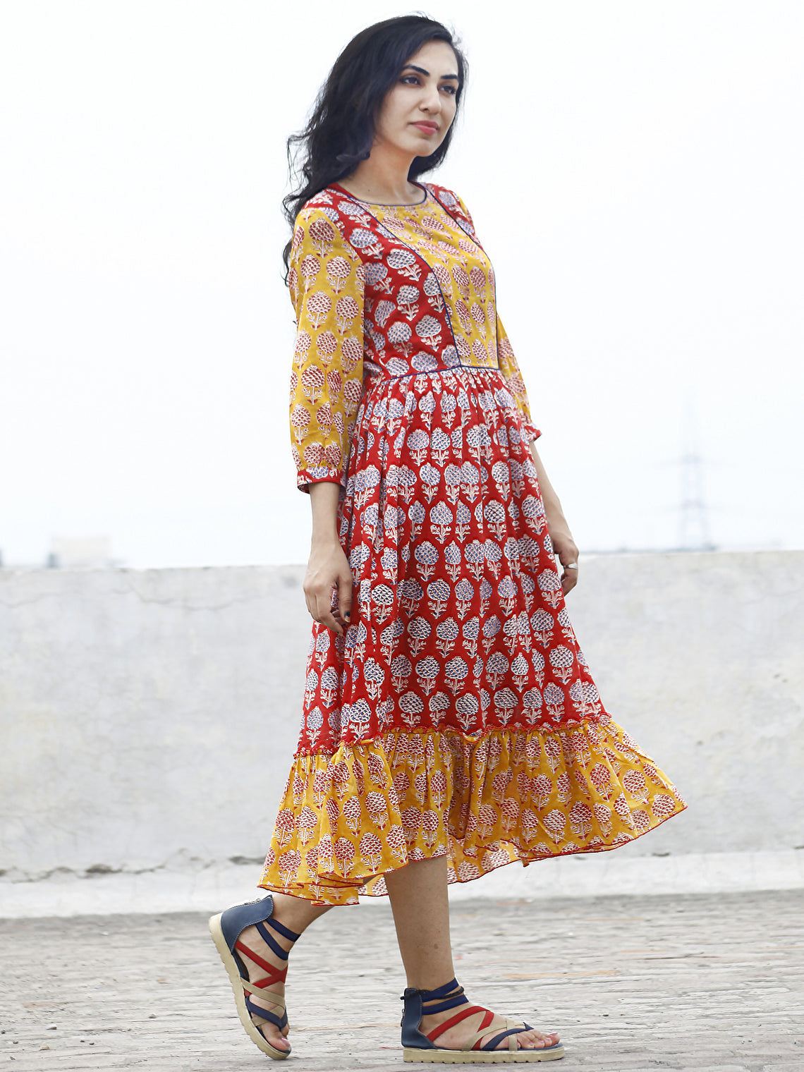Red Yellow Blue ivory Hand block Printed Dress With Gathers And Peasan ...
