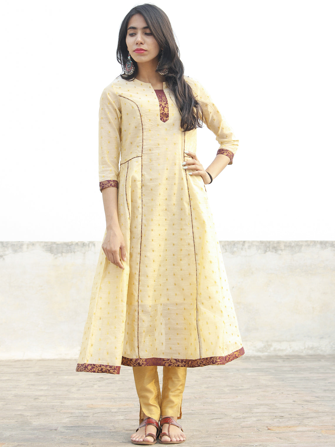 Beige Golden Mauve Princess Line Brocade Kurta - D161F001 – InduBindu