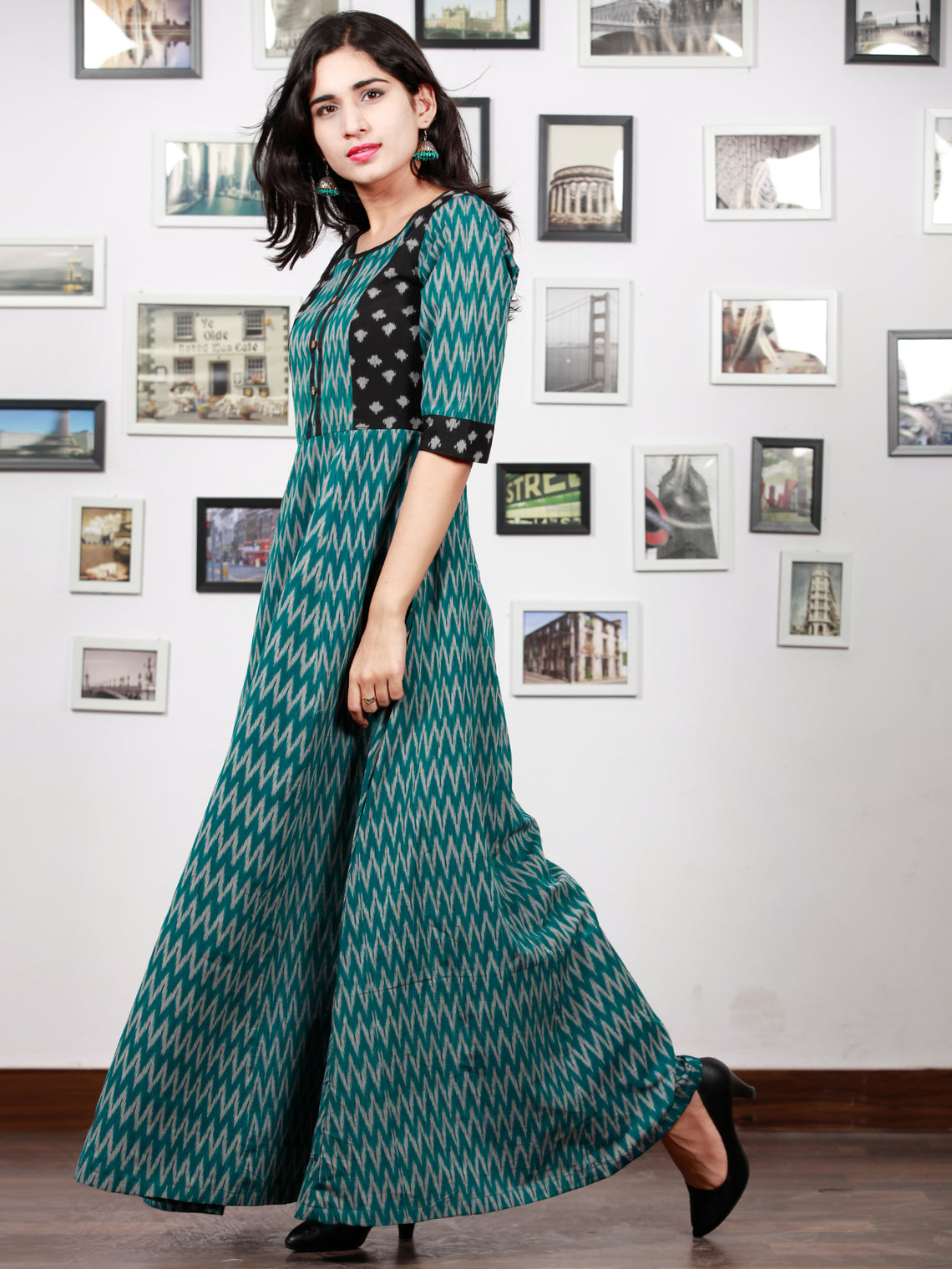 Teal Green Black Grey Handloom Mercerised Ikat Long Cotton Dress With ...