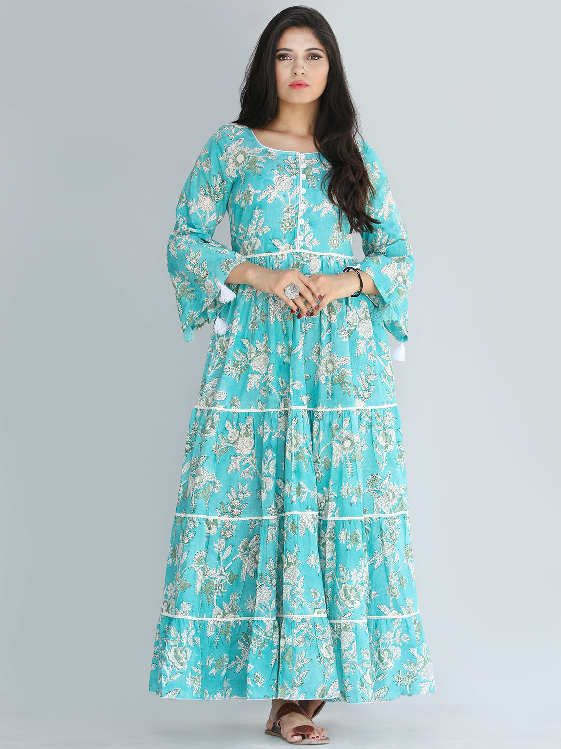Gulzar Ruhma - Hand Block Printed Tiered Long Dress With Lace - D410F2 ...