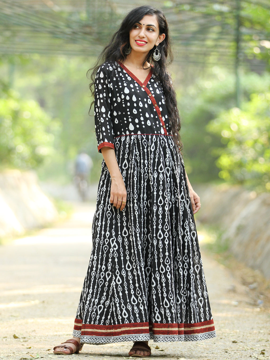 Naaz Monochrome - Hand Block Printed Long Cotton Angrakha Dress - DS75 ...