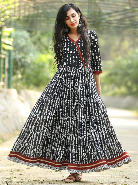 Naaz Monochrome - Hand Block Printed Long Cotton Angrakha Dress - DS75 ...