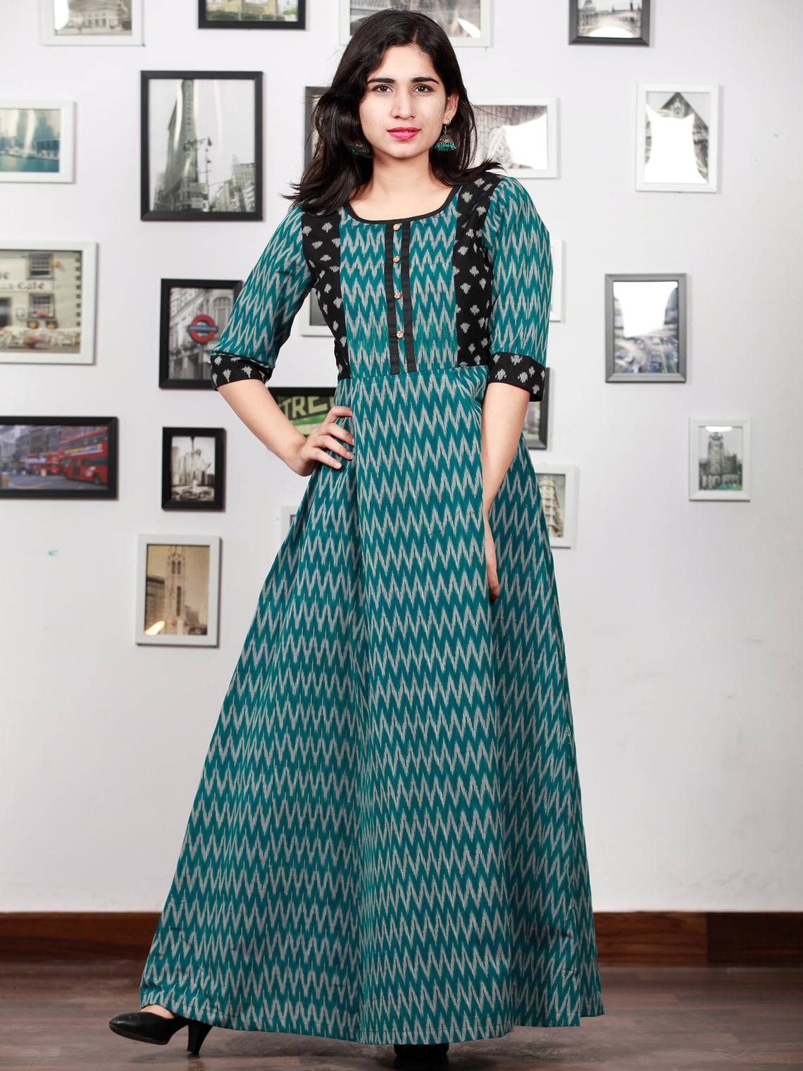 Teal Green Black Grey Handloom Mercerised Ikat Long Cotton Dress With ...