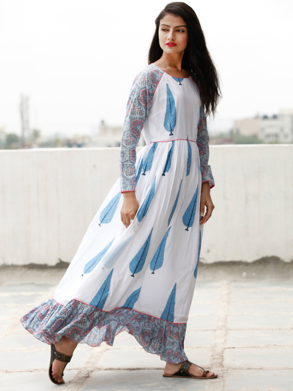 White Blue Pink Long Hand Block Printed Cotton Dress With Frills - D06 ...
