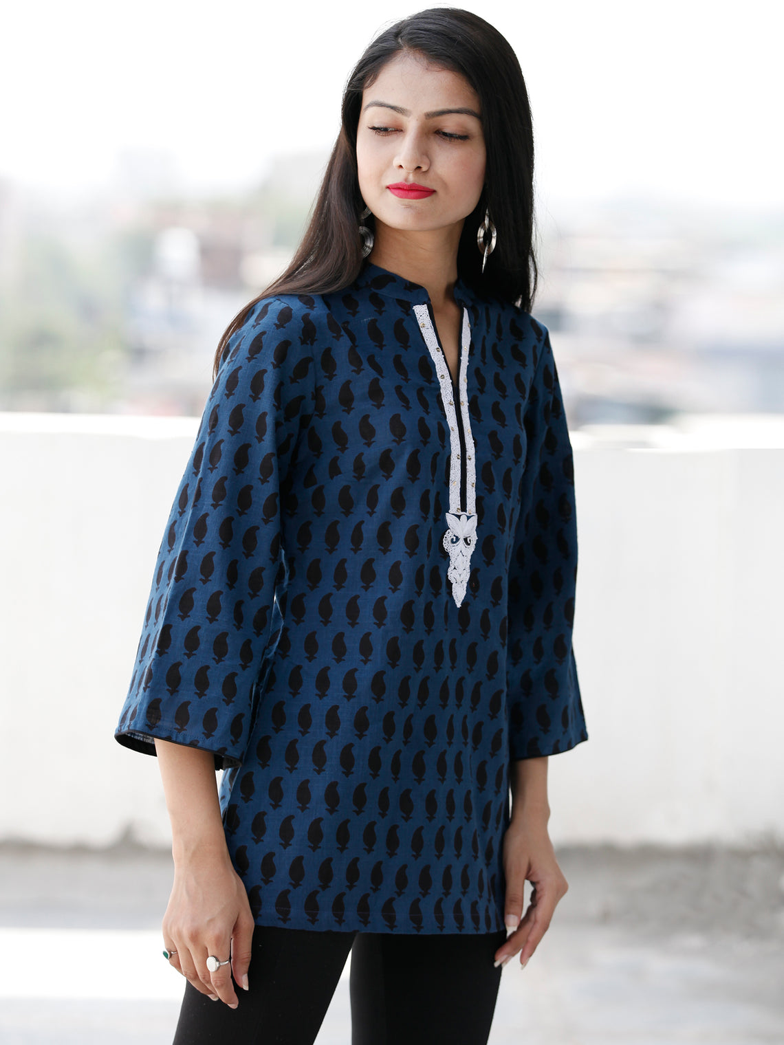 Indigo Black Neck Embroidered Hand Block Printed Cotton Top - T67F1892 ...