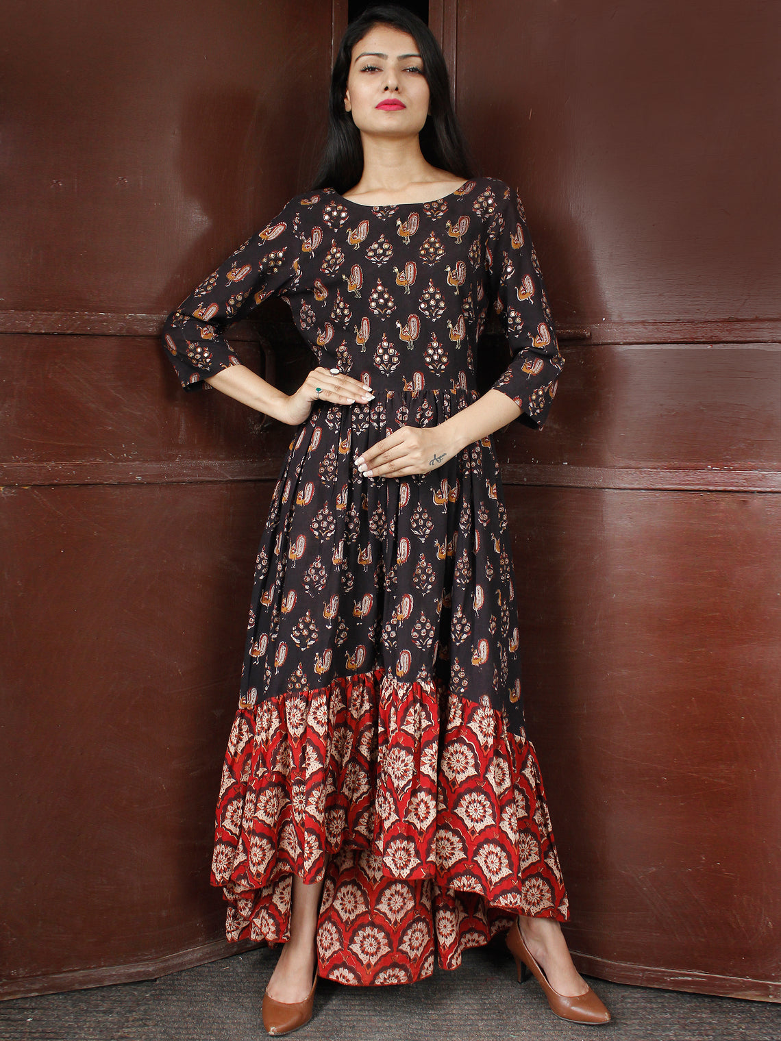 Peacock Motif - Hand Block Printed Long Sequence Embroidered Dress - D ...