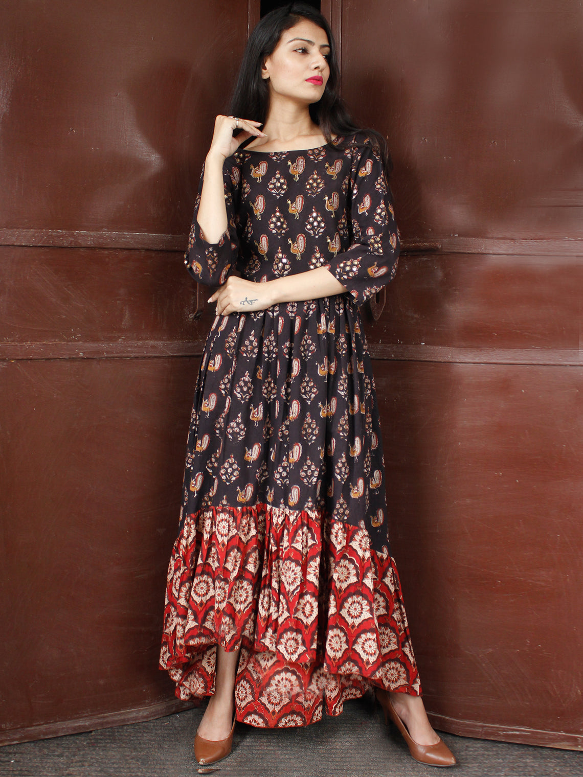 Peacock Motif - Hand Block Printed Long Sequence Embroidered Dress - D ...