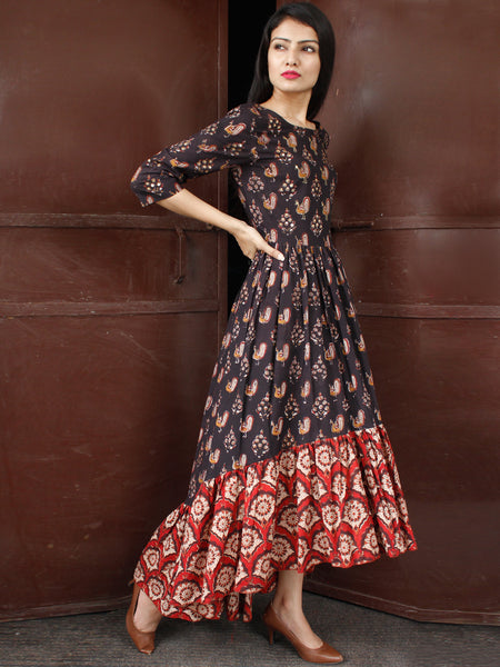 Peacock Motif - Hand Block Printed Long Sequence Embroidered Dress - D ...