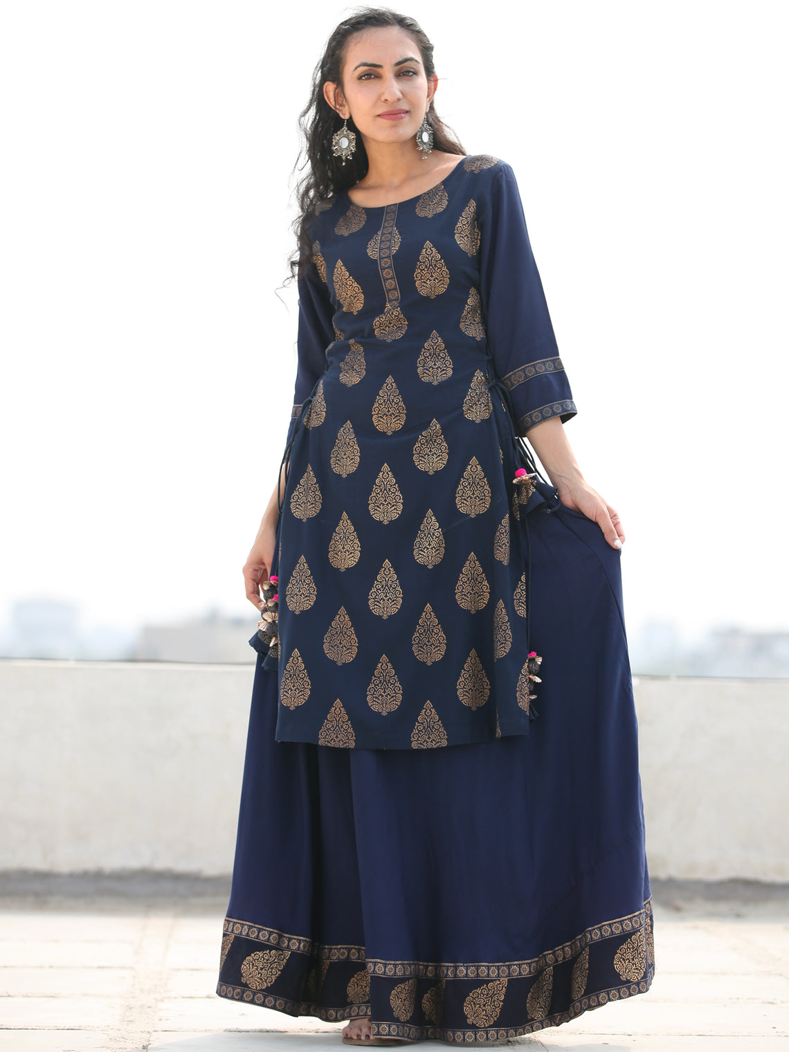 Aalia - Indigo Gold Block Print Kurta & Skirt Dress With Tassels - D38 ...