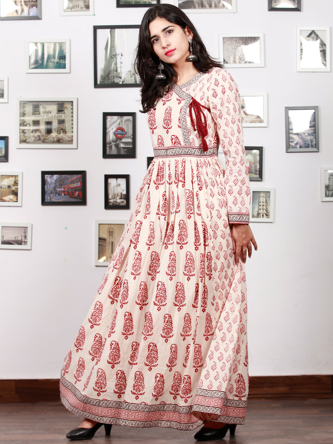 White Red Black Bagh Printed Cotton Long Angrakha Dress With Gathers ...