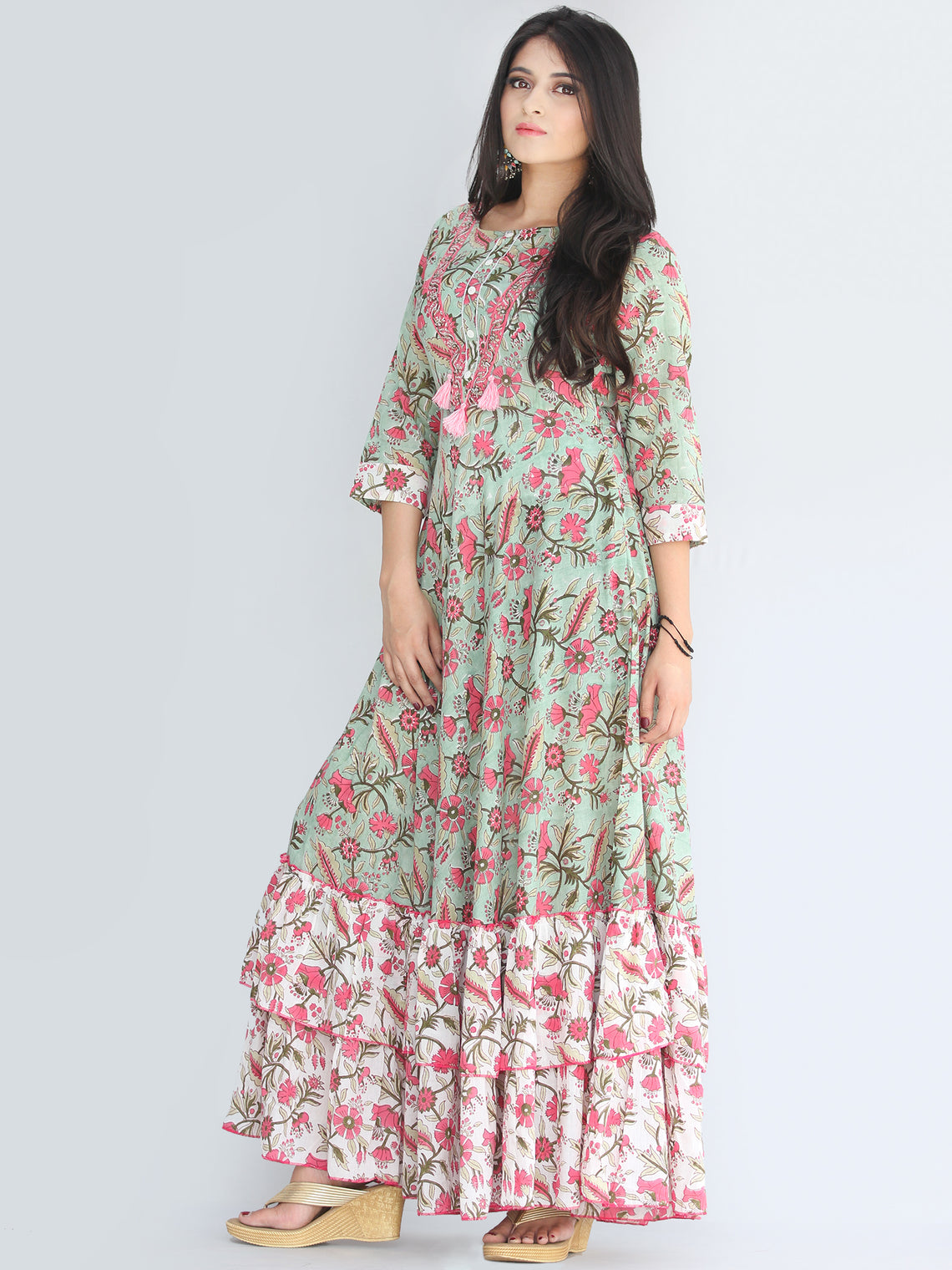 Gulzar Fariba - Hand Block Printed Long Cotton Dress With Ruffles - D4 ...