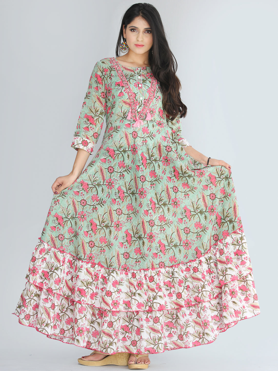Gulzar Fariba - Hand Block Printed Long Cotton Dress With Ruffles - D4 ...