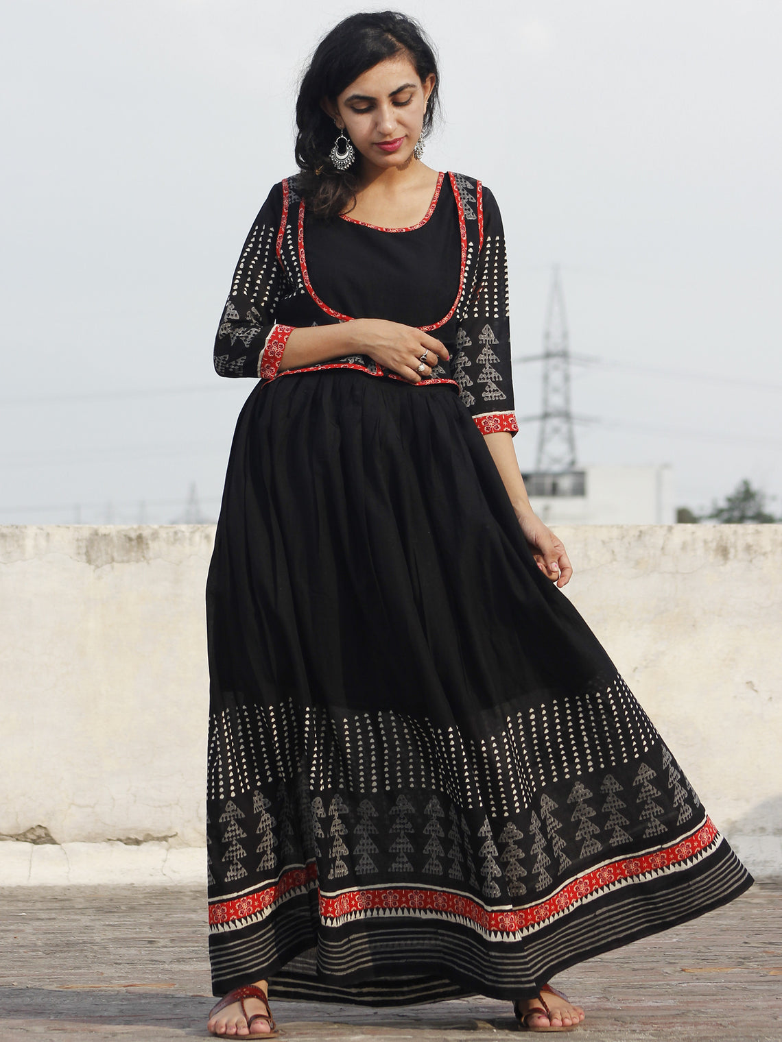 Naaz Black White Grey Hand Block Printed Long Dress With Gathers - DS1 ...