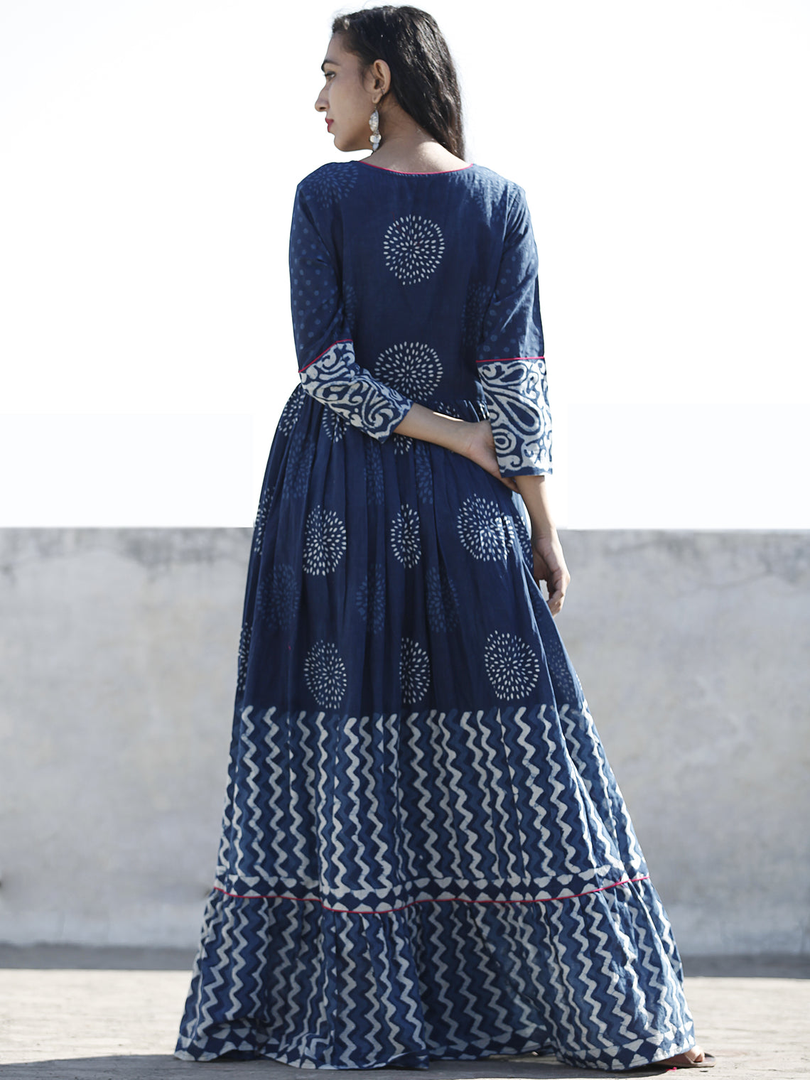 Naaz Indigo White Hand Blocked Cotton Long Dress With Highlighted Neck ...
